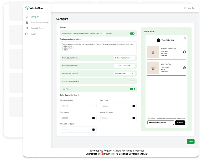 Squarespace Wishlist plugin configuration and favorites settings